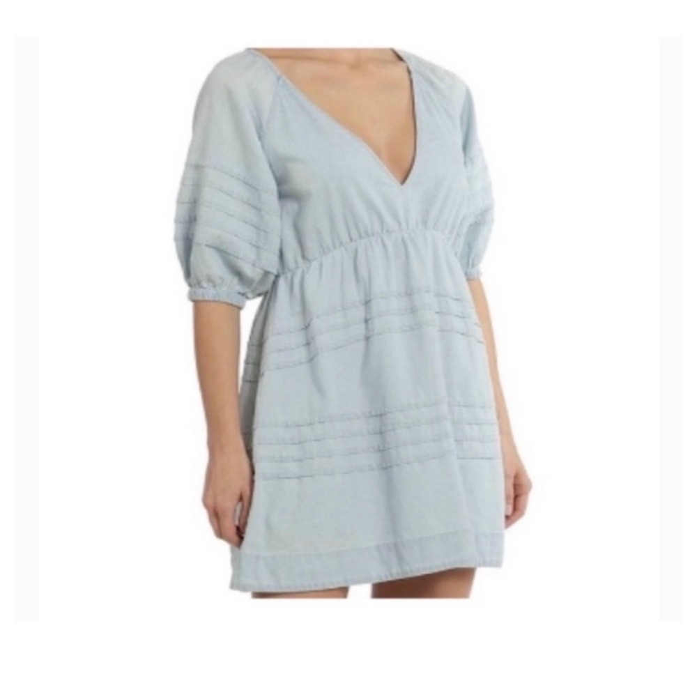 7 For‎ All Mankind Mini Dress Womens Blue Excellent Open Back Puff Sleeve Cotton